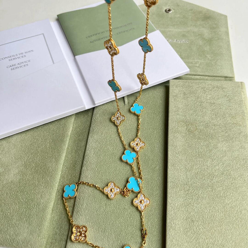 CLOVER 20 MOTIFS TURQUOISE DIAMOND NECKLACE