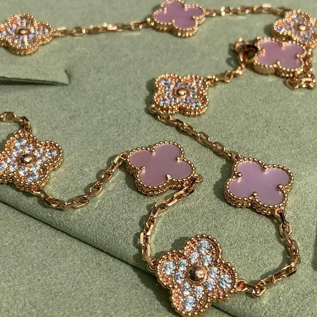 CLOVER 10 MOTIFS DIAMOND PINK MOP NECKLACE