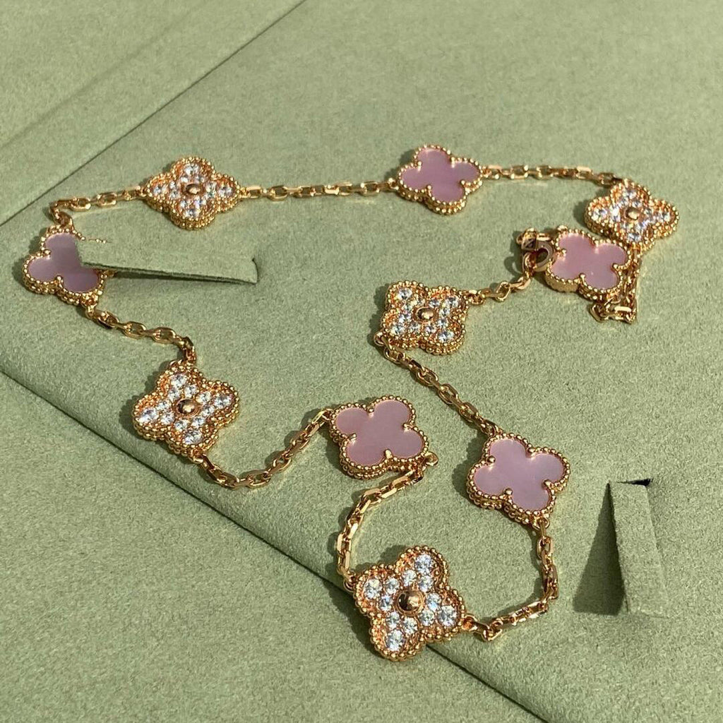 CLOVER 10 MOTIFS DIAMOND PINK MOP NECKLACE