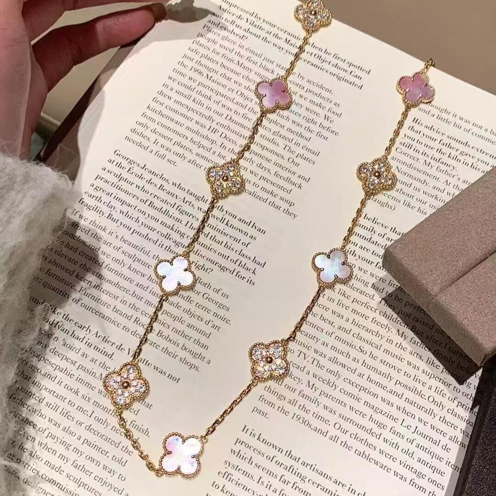 CLOVER 10 MOTIFS DIAMOND PINK MOP NECKLACE