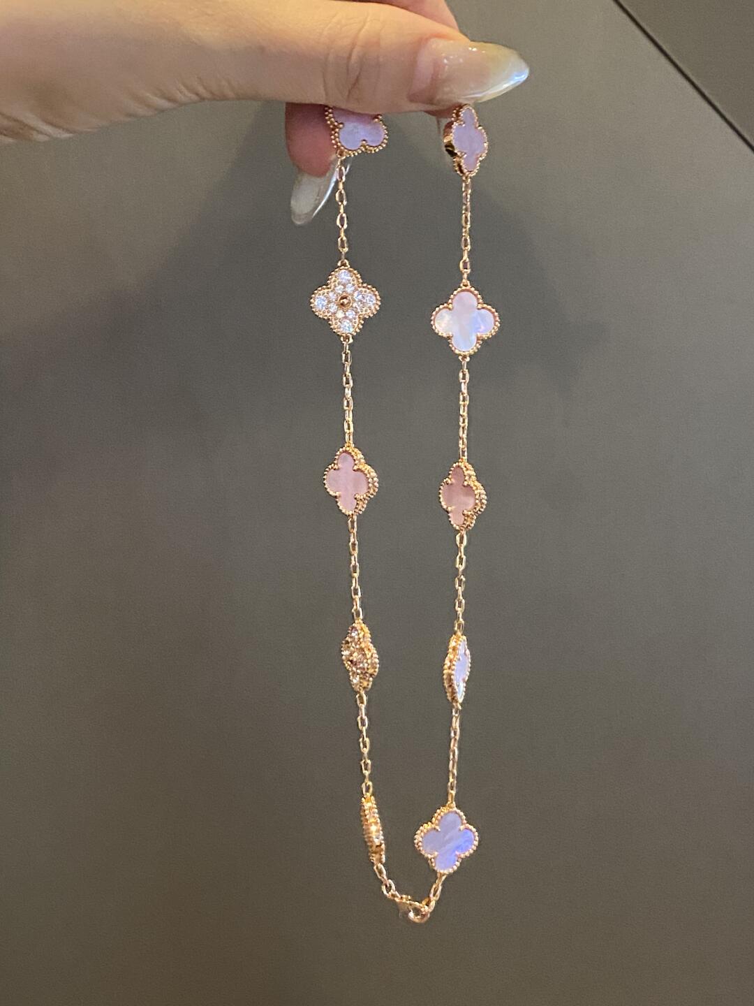 CLOVER 10 MOTIFS DIAMOND PINK MOP NECKLACE
