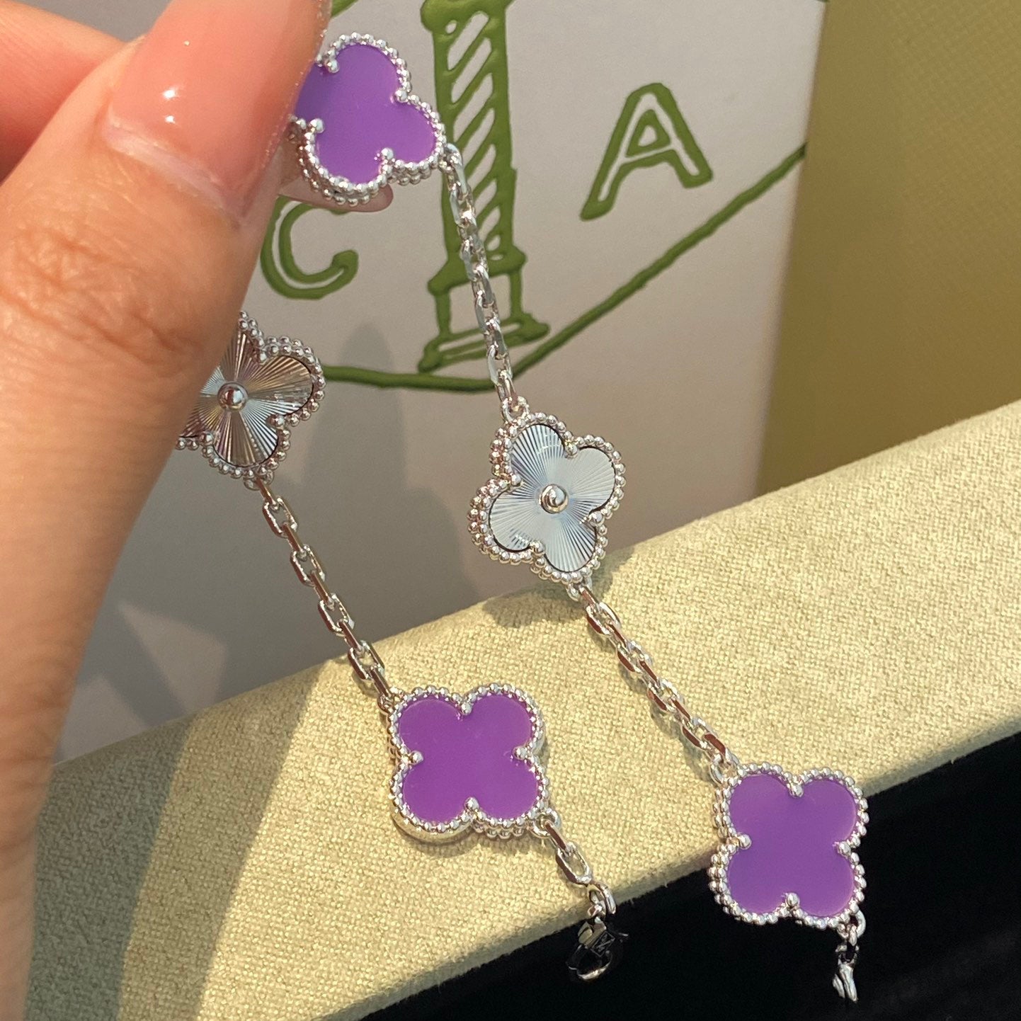 CLOVER  5 MOTIFS  PURPLE VIOLET BRACELET SILVER