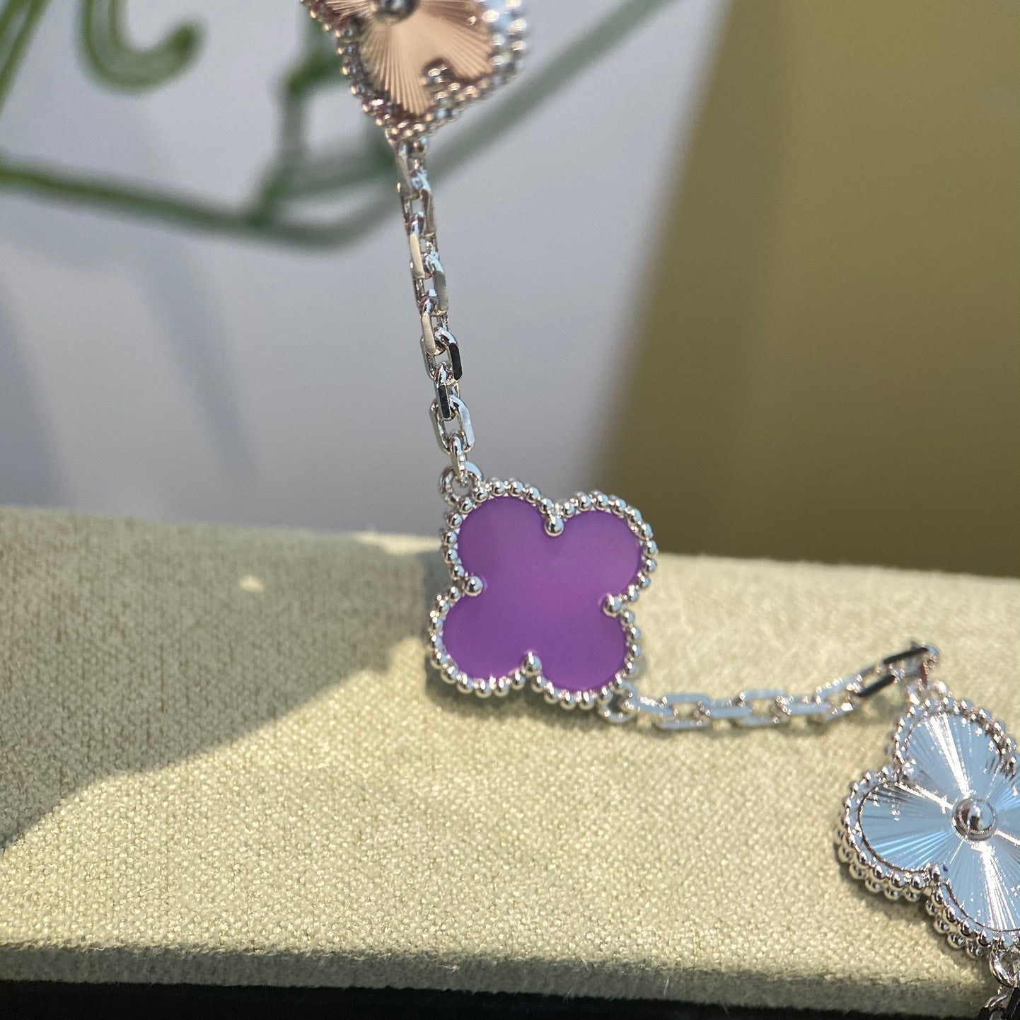 CLOVER  5 MOTIFS  PURPLE VIOLET BRACELET SILVER