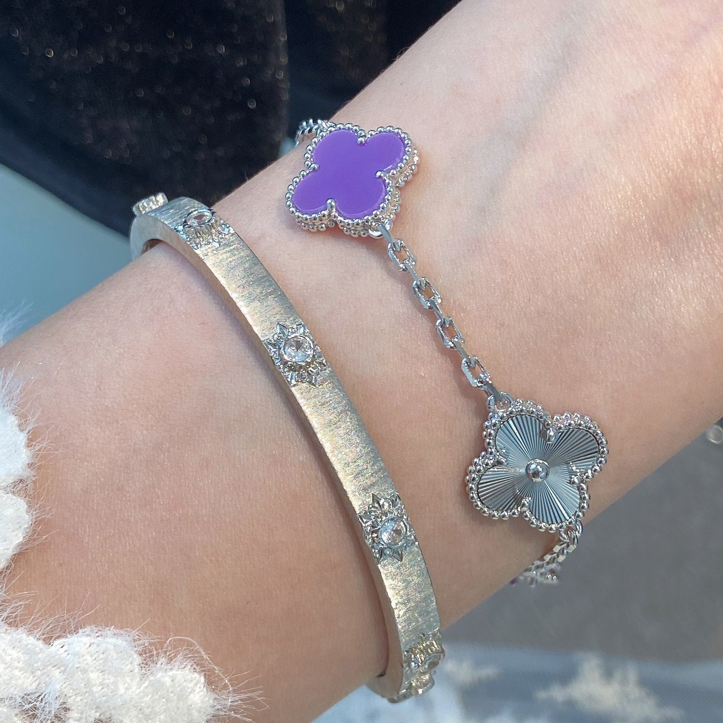 CLOVER  5 MOTIFS  PURPLE VIOLET BRACELET SILVER