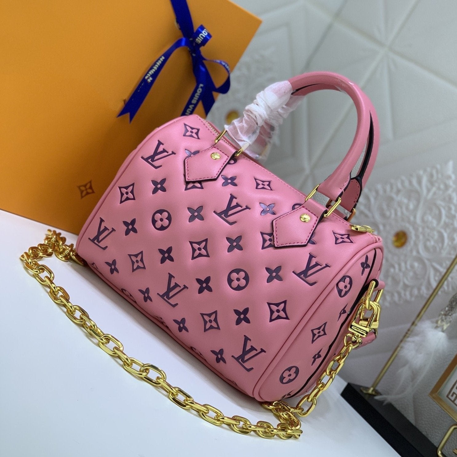 SPEEDY 22 PEAU D'AGNEAU ROSE NOIR AVEC MONOGRAMME EN RELIEF