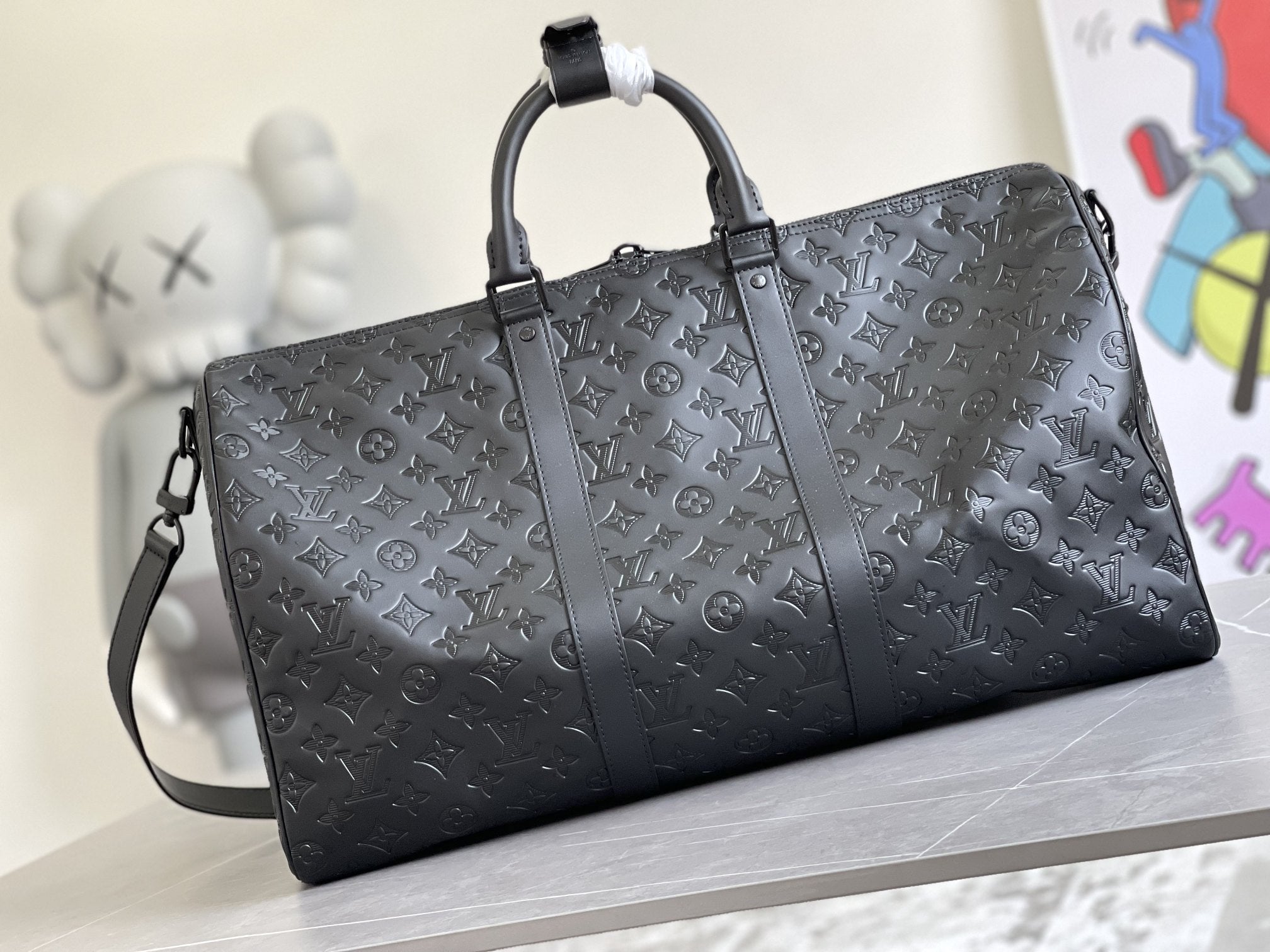 KEEPALL 50 BANDOULIERE CUIR EMPREINTE NOIR