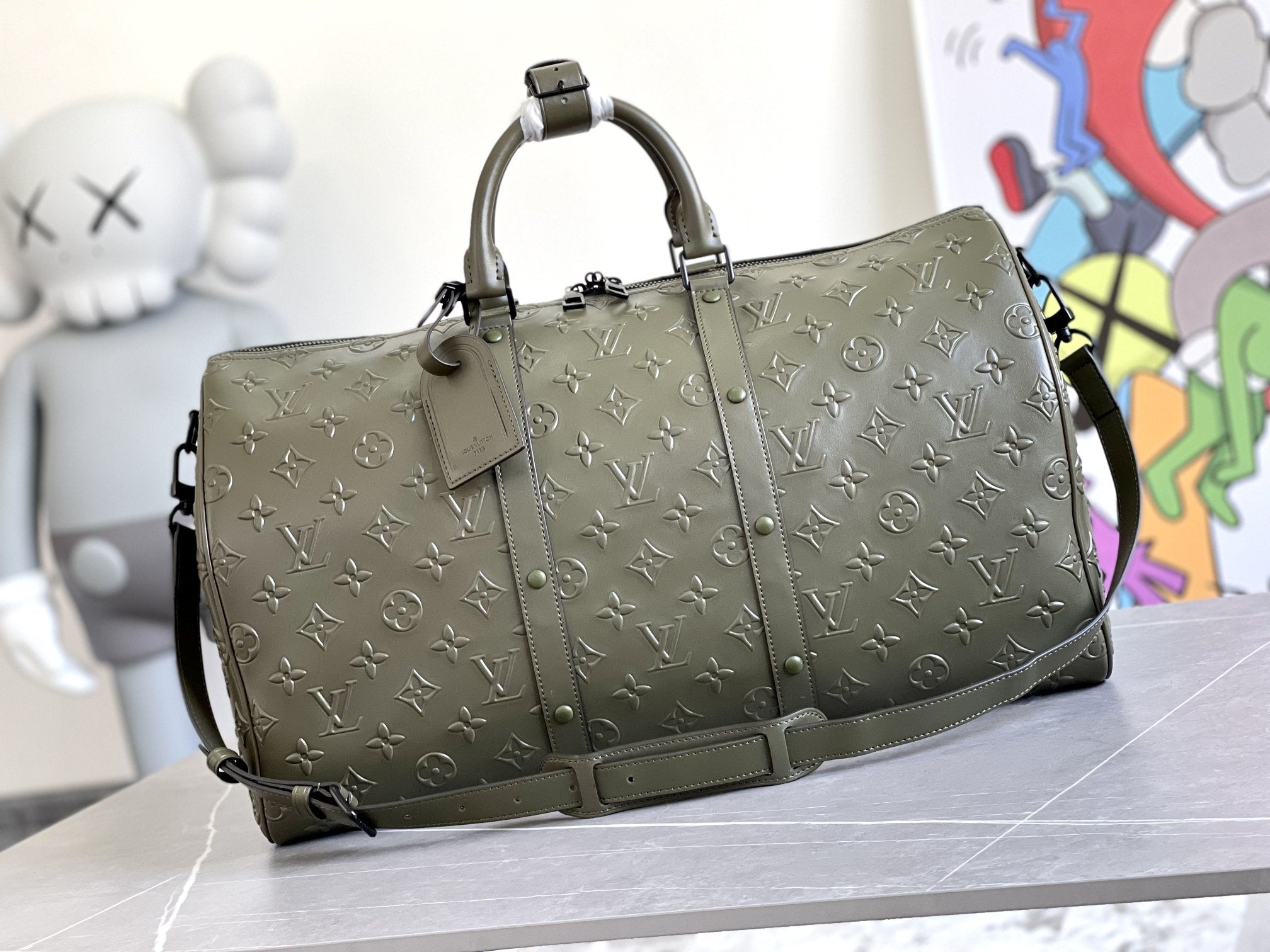 KEEPALL 50 BANDOULIERE KAKI EMPREINTE CUIR