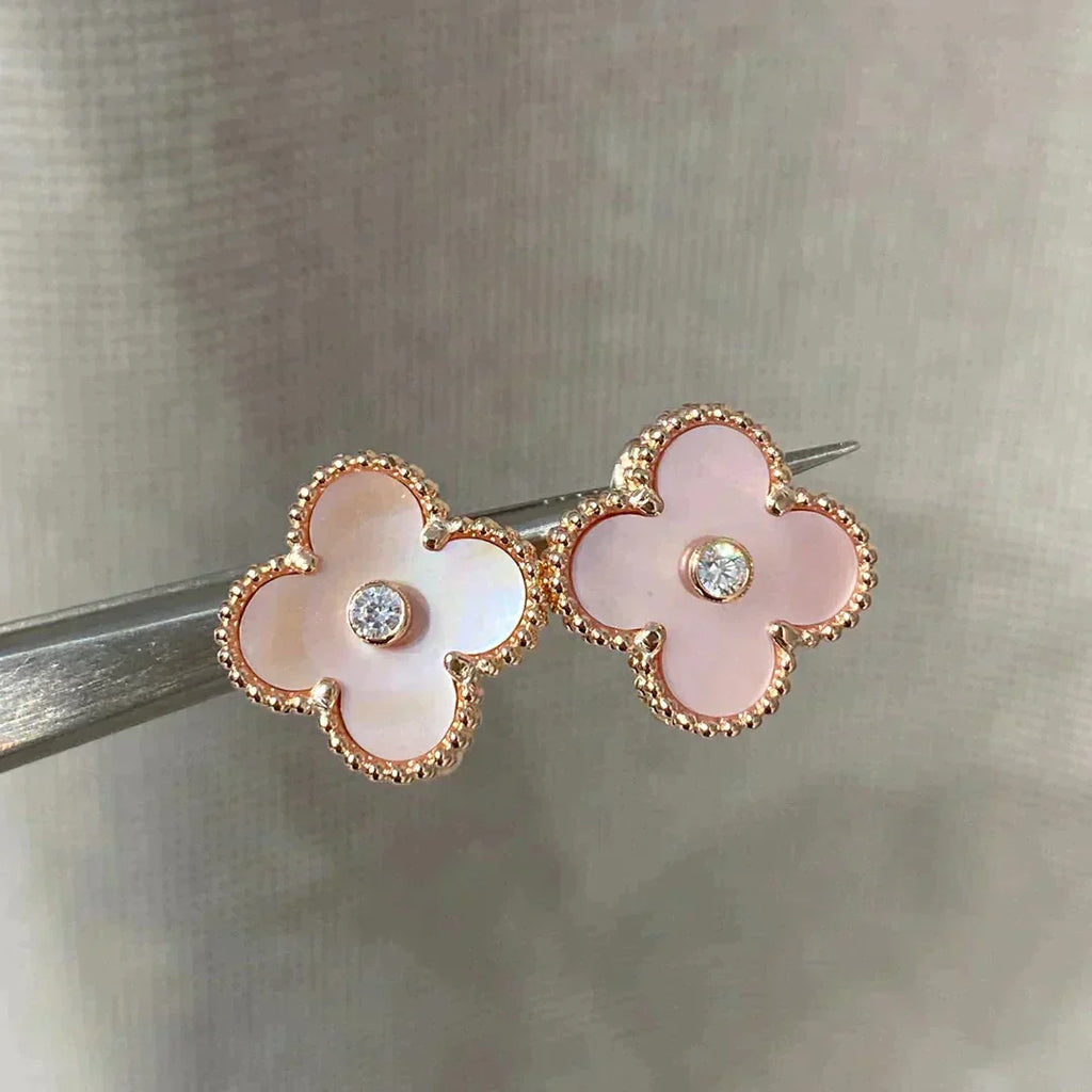 CLOVER MEDIUM 1 MOTIFS  PINK MOP DIAMOND EARRINGS