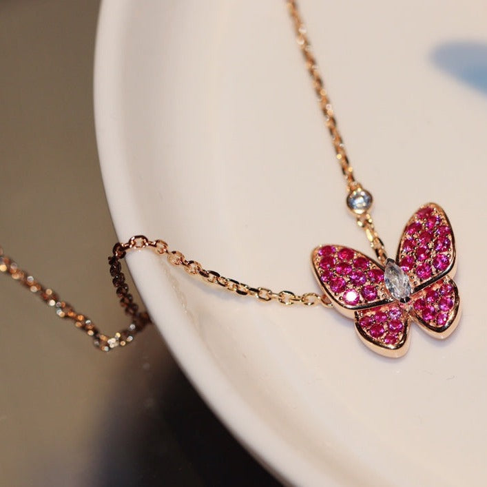 COLLIER PAPILLON DIAMANT ROUGE OR ROSE