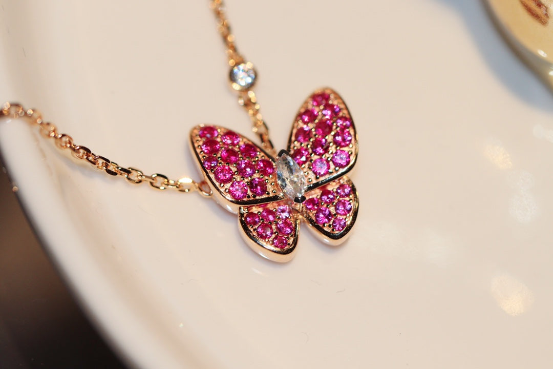 COLLIER PAPILLON DIAMANT ROUGE OR ROSE
