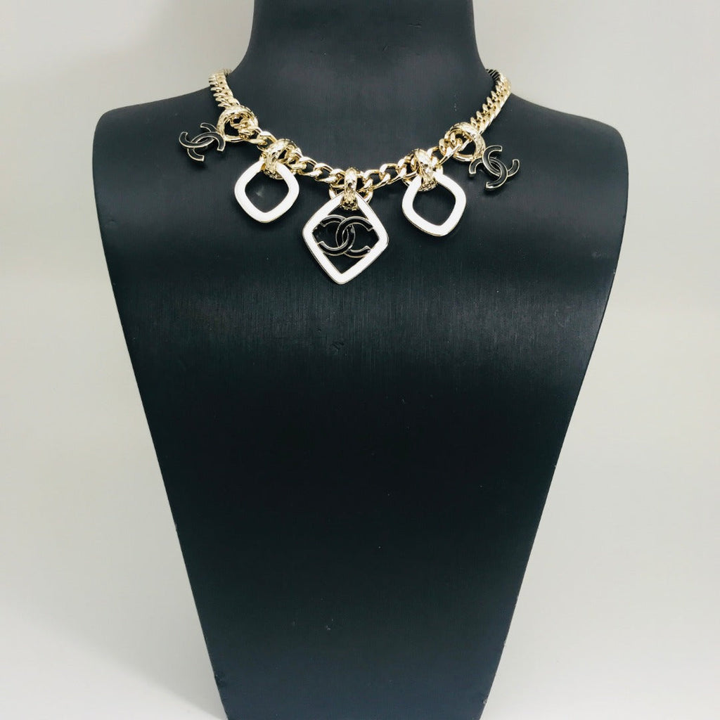 MULTI CHARM ROSE GOLD  BLACK ENAMEL NECKLACE