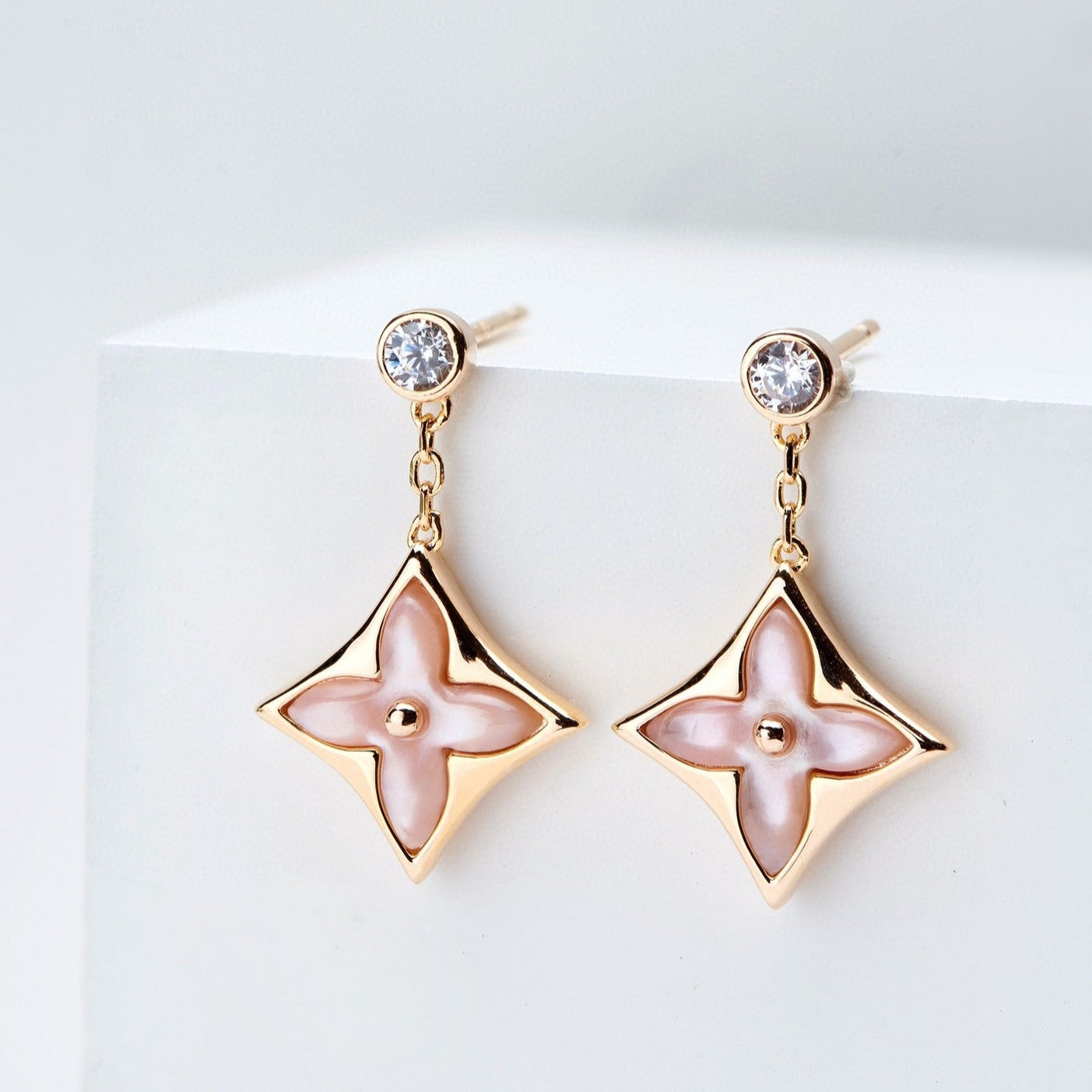 DOUBLE STAR ROSE GOLD MOP DROP EARRINGS