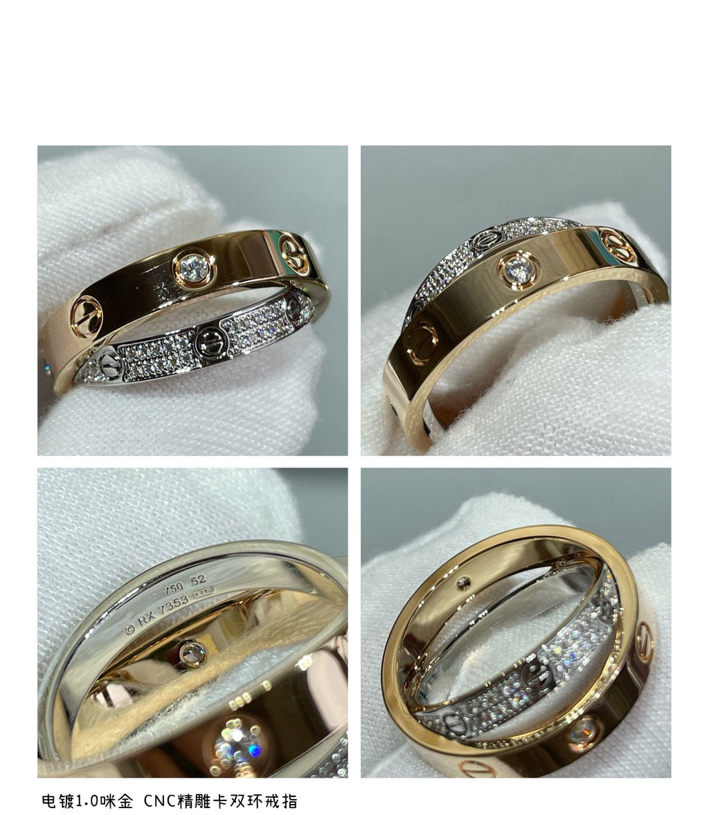 LOVE ROSE GOLD SILVER DIAMOND DOUBLE RING