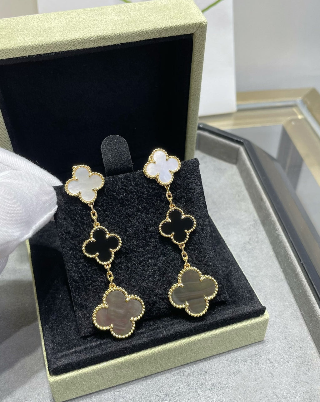 Boucles d'oreilles Clover 3 motifs en nacre onyx foncé or rose