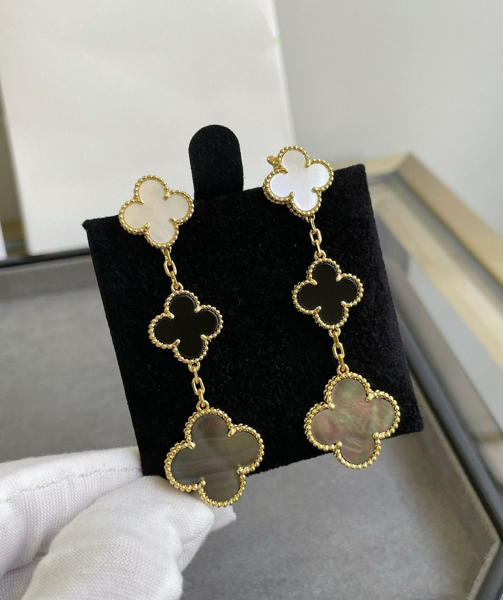 Boucles d'oreilles Clover 3 motifs en nacre onyx foncé or rose