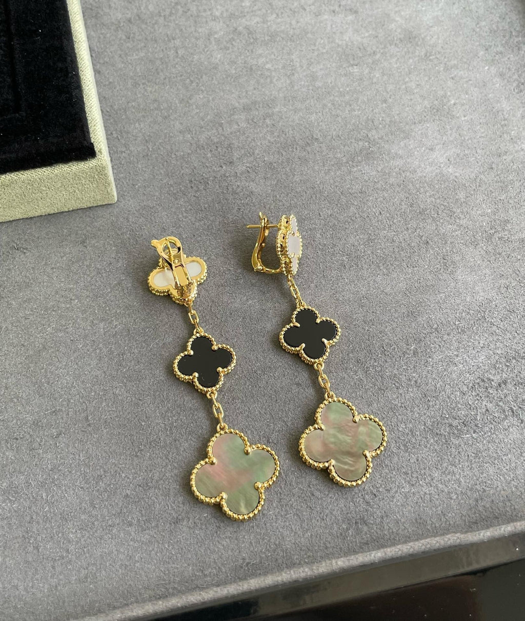 Boucles d'oreilles Clover 3 motifs en nacre onyx foncé or rose