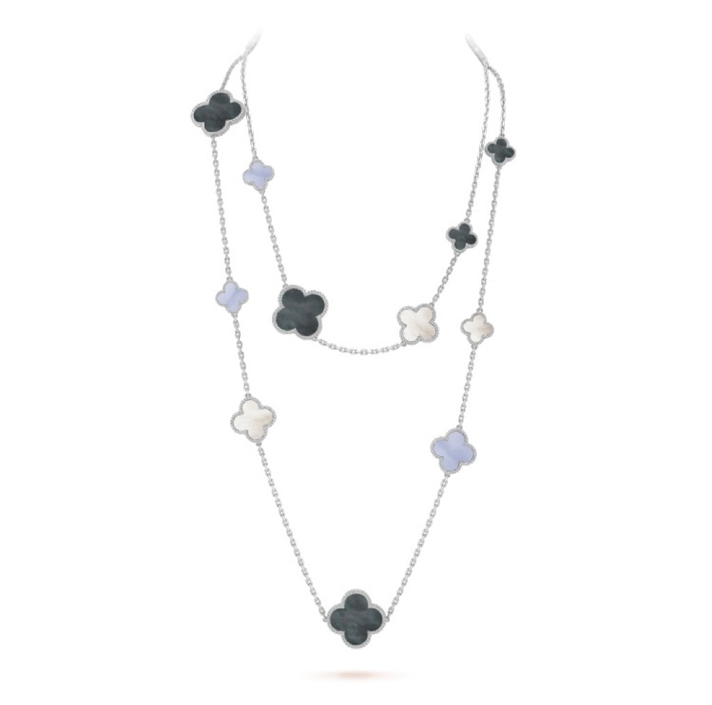 COLLIER EN ARGENT ET CALCÉDOINE À 16 MOTIFS DE TRÈFLE