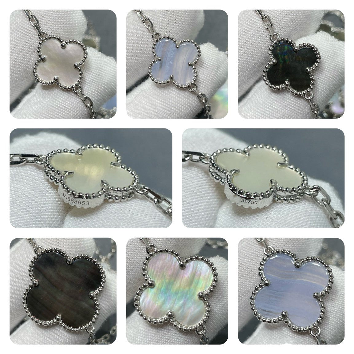 COLLIER EN ARGENT ET CALCÉDOINE À 16 MOTIFS DE TRÈFLE