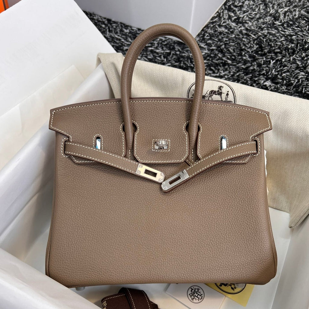 Sac HM Birkin 25 cm en cuir Togo marron et accessoires argentés