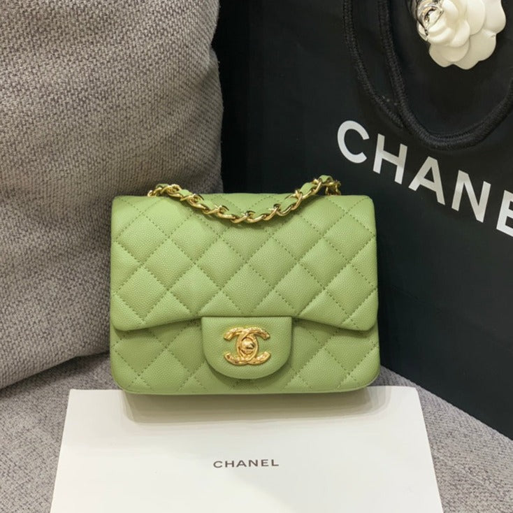 MINI SAC À RABAT CARRÉ 17 CM VERT CAVIAR QUINCAILLERIE DORÉ