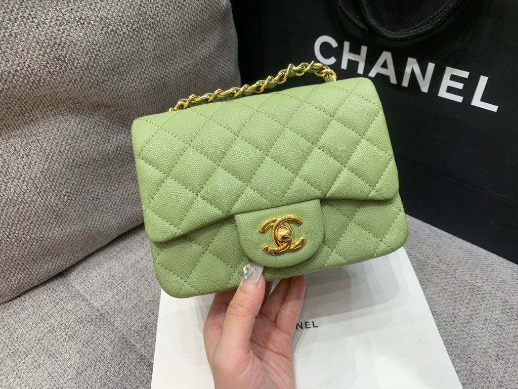 MINI SAC À RABAT CARRÉ 17 CM VERT CAVIAR QUINCAILLERIE DORÉ