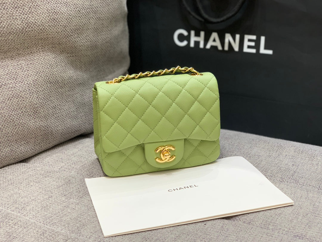 MINI SAC À RABAT CARRÉ 17 CM VERT CAVIAR QUINCAILLERIE DORÉ