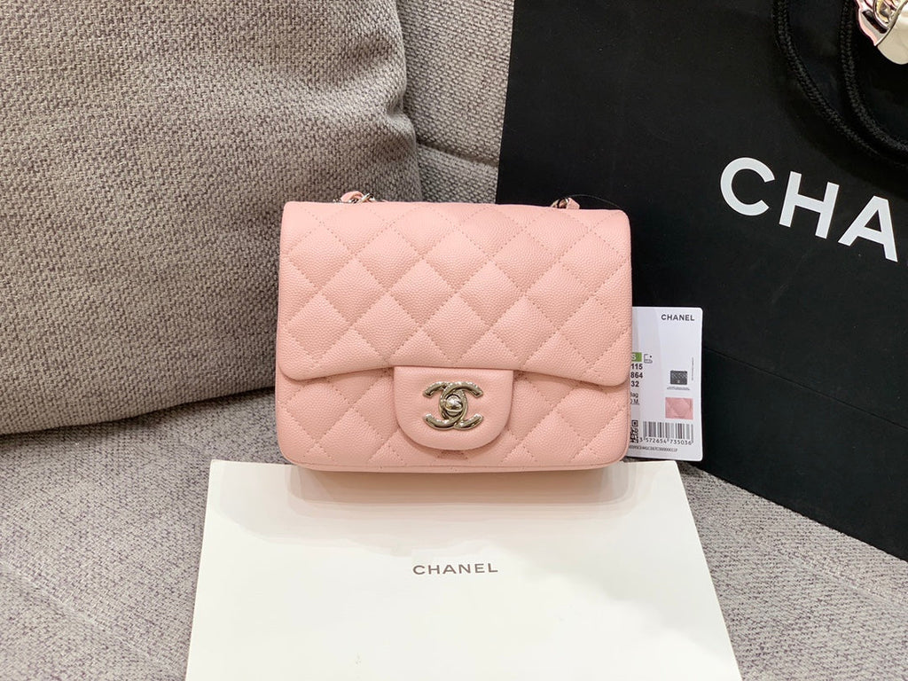MINI SAC À RABAT CARRÉ 17 CM ROSE CAVIAR QUINCAILLERIE ARGENTÉE