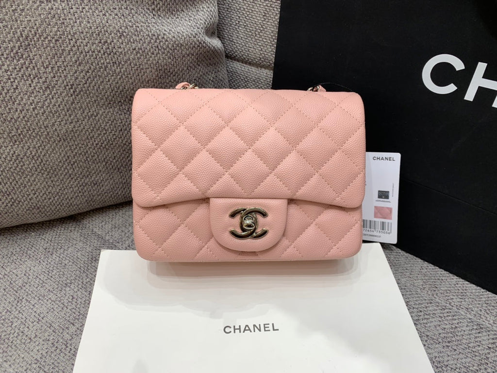 MINI SAC À RABAT CARRÉ 17 CM ROSE CAVIAR QUINCAILLERIE ARGENTÉE