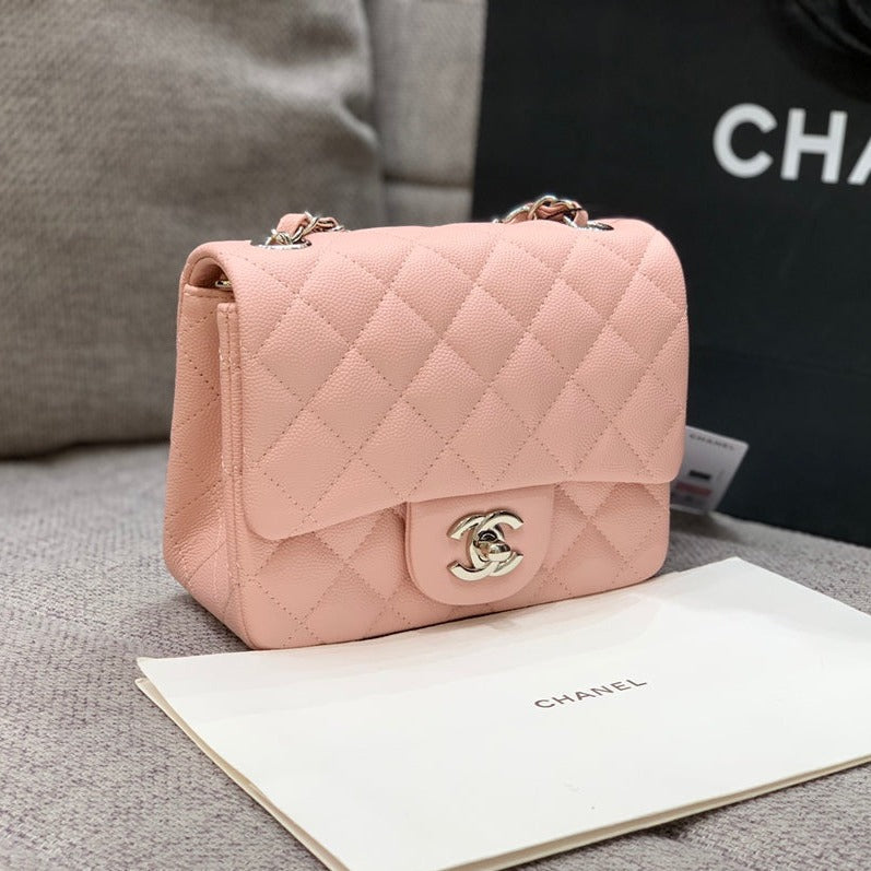 MINI SAC À RABAT CARRÉ 17 CM ROSE CAVIAR QUINCAILLERIE ARGENTÉE