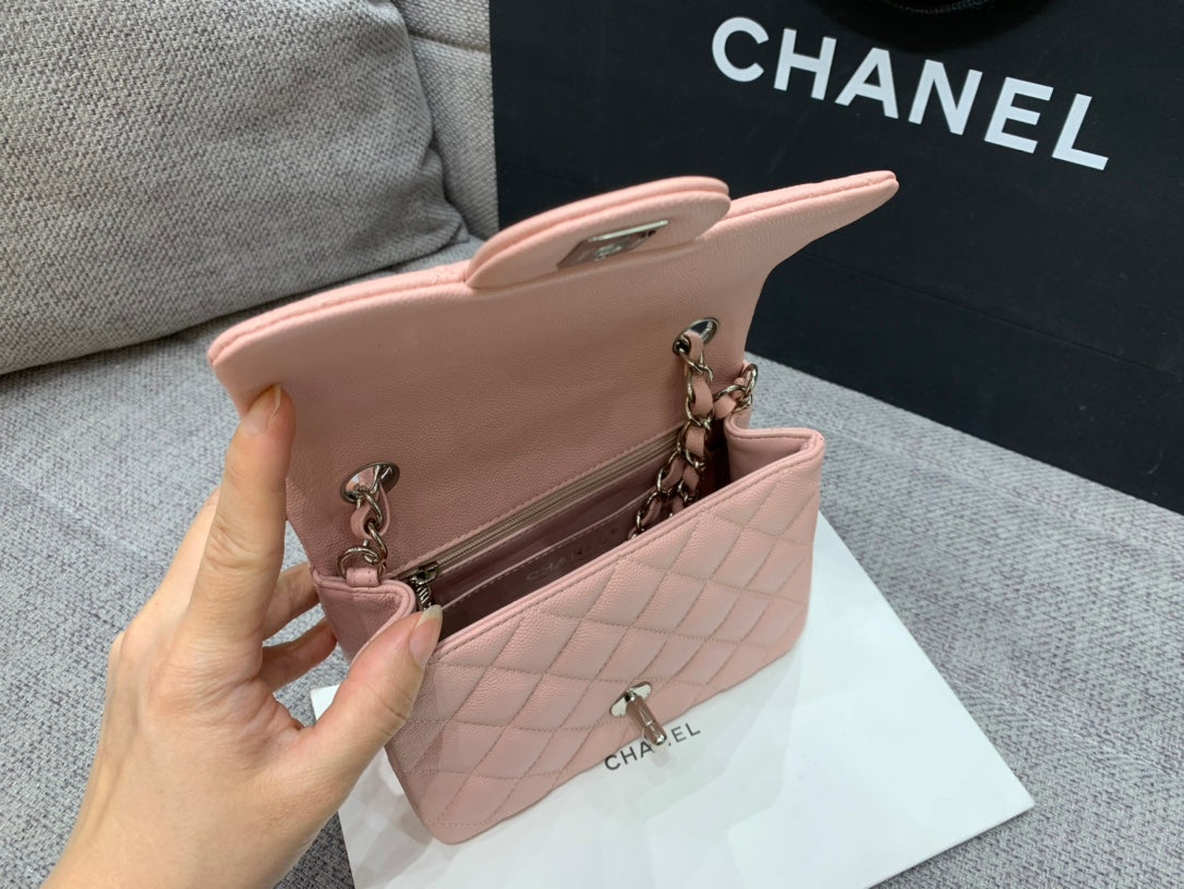 MINI SAC À RABAT CARRÉ 17 CM ROSE CAVIAR QUINCAILLERIE ARGENTÉE