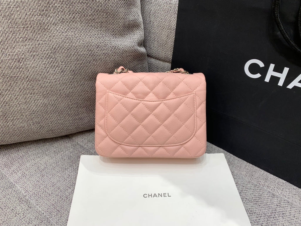 MINI SAC À RABAT CARRÉ 17 CM ROSE CAVIAR QUINCAILLERIE ARGENTÉE