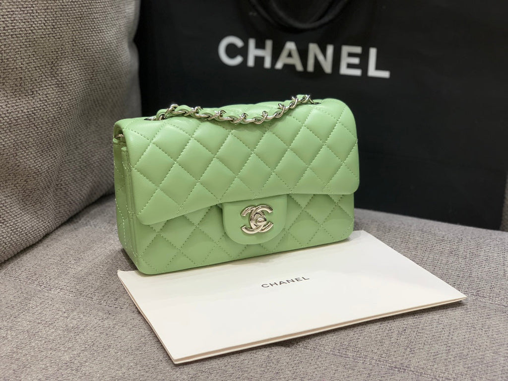 MINI SAC À RABAT RECTANGLE 20 CM CUIR D'AGNEAU LIME QUINCAILLERIE ARGENTÉE