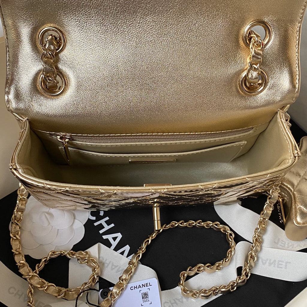 SAC À RABAT MINI RECTANGE 20CM CUIR DE VEAU MÉTALLISÉ DORÉ