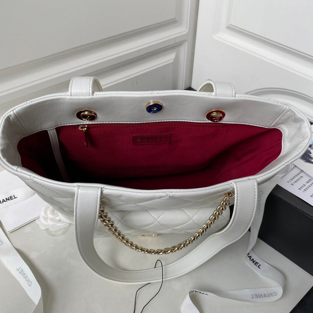 CC 19 TOTE 33CM CUIR D'AGNEAU BLANC QUINCAILLERIE DORÉ
