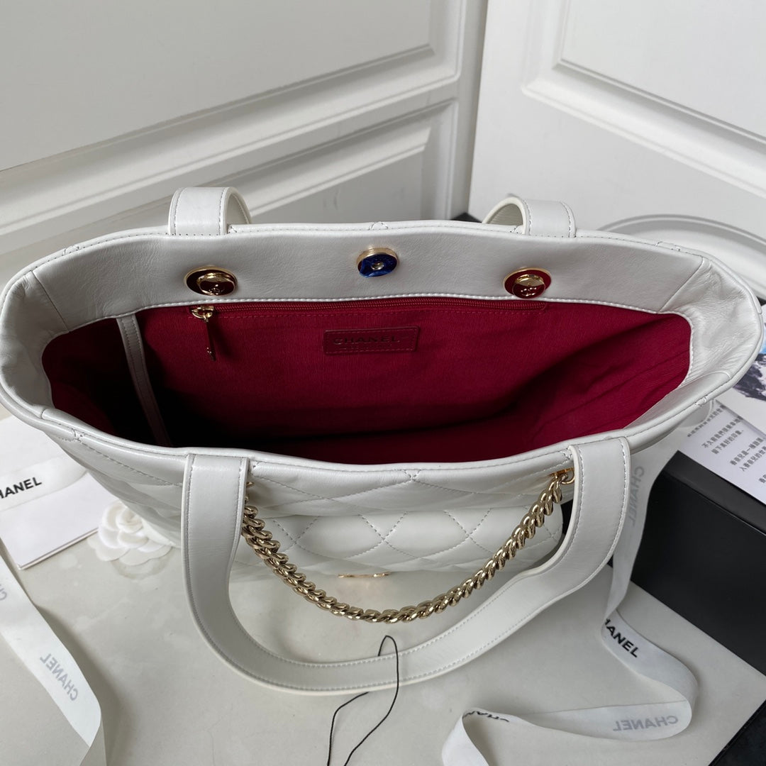 CC 19 TOTE 33CM CUIR D'AGNEAU BLANC QUINCAILLERIE DORÉ