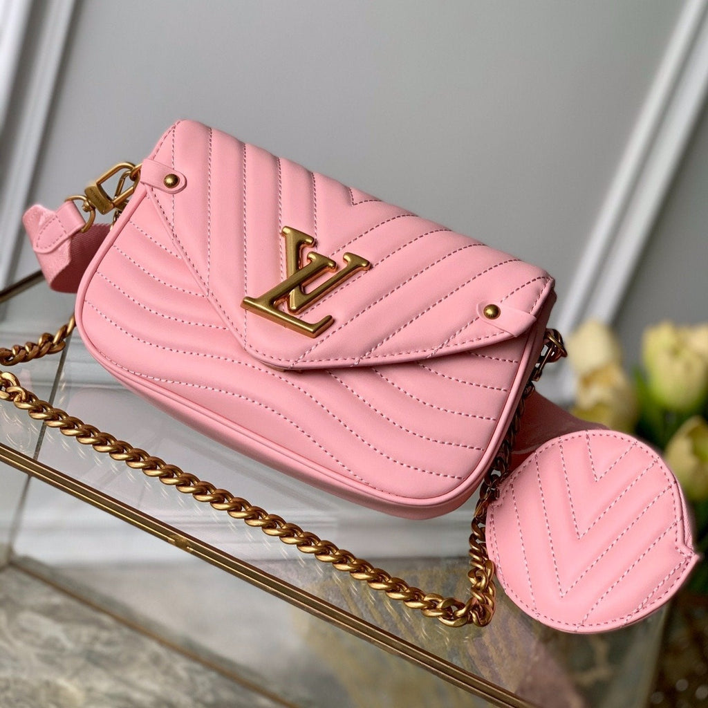SAC BANDOULIÈRE MULTI-POCHETTES EN CUIR DE VEAU ROSE 19 CM