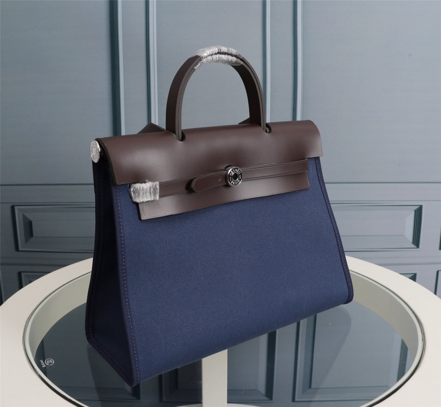 HM HERBAG ZIP 31 TOILE BLEU MARINE ET CHOCOLAT