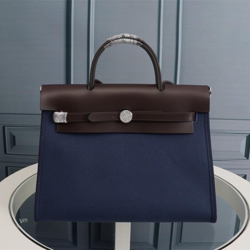 HM HERBAG ZIP 31 TOILE BLEU MARINE ET CHOCOLAT