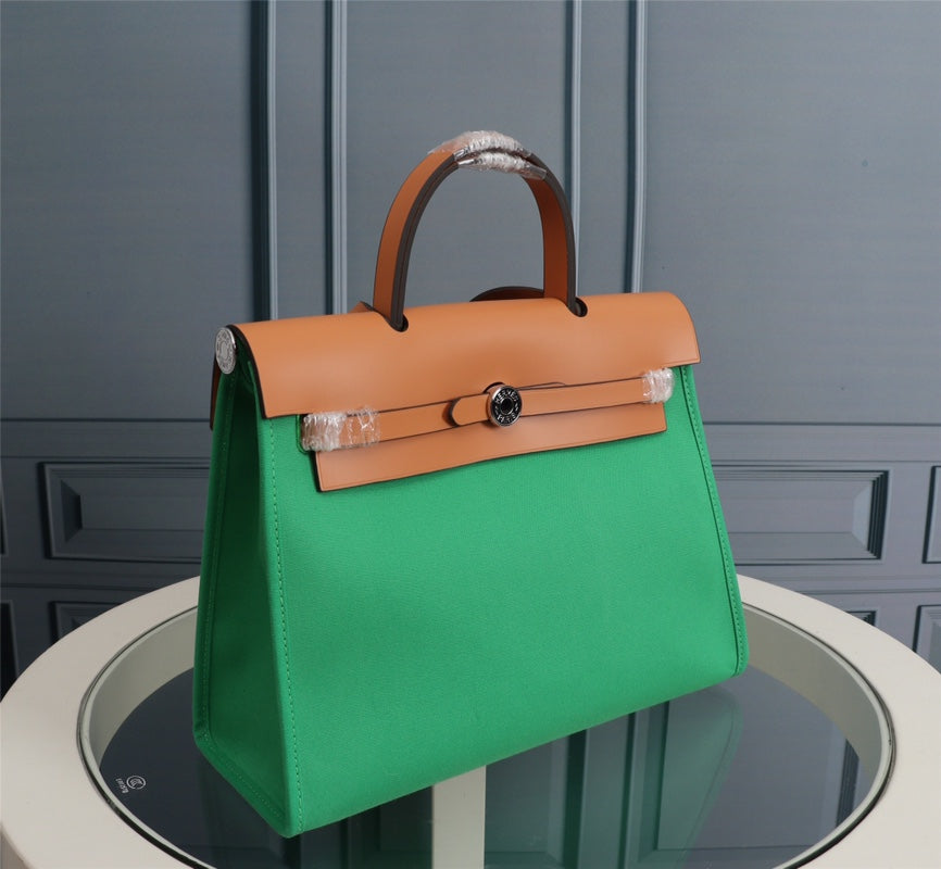 HM HERBAG ZIP 31 TOILE VERT BAMBOU ET BRONZE