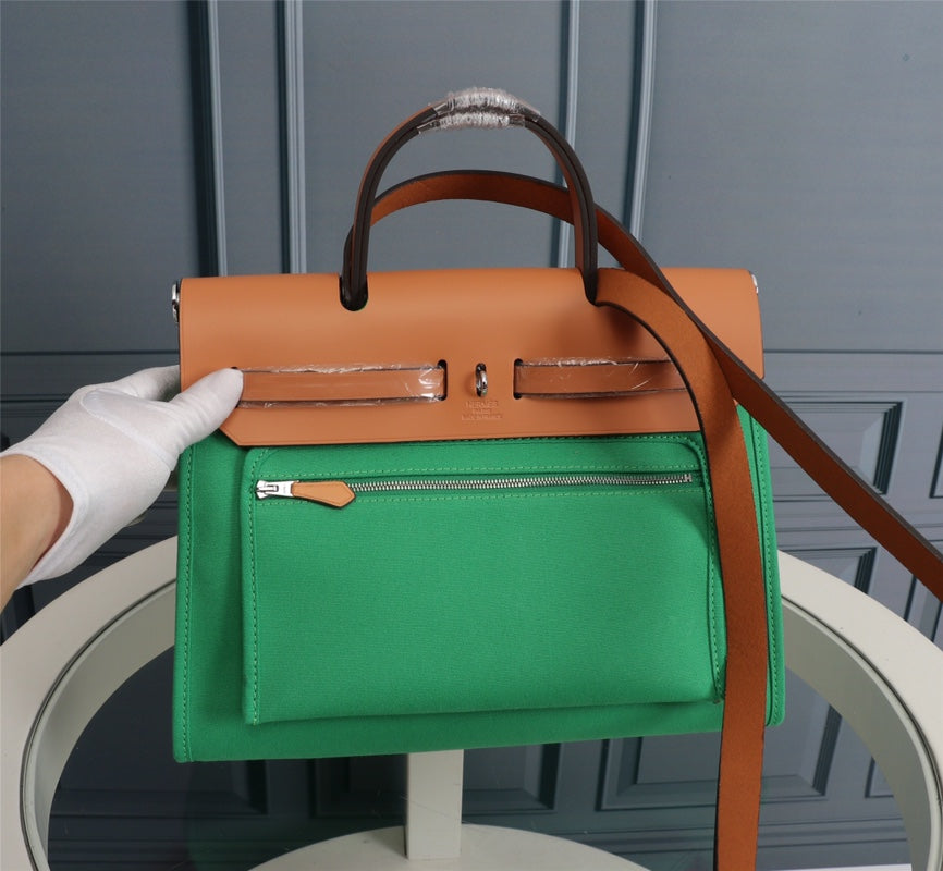 HM HERBAG ZIP 31 TOILE VERT BAMBOU ET BRONZE