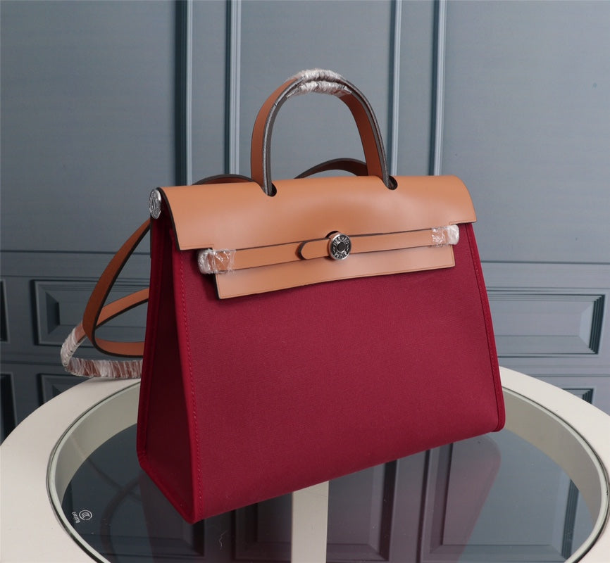 HM HERBAG ZIP 31 TOILE ROUGE VIN ET CUIVRE