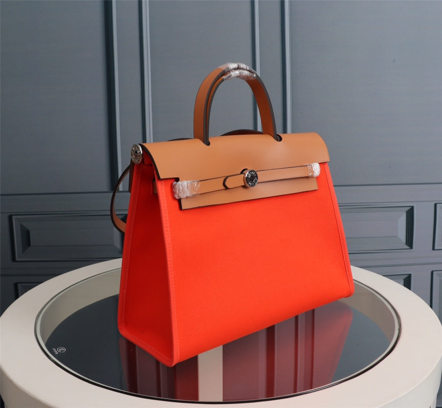 HM HERBAG ZIP 31 TOILE ROUGE ORANGE ET CUIVRE