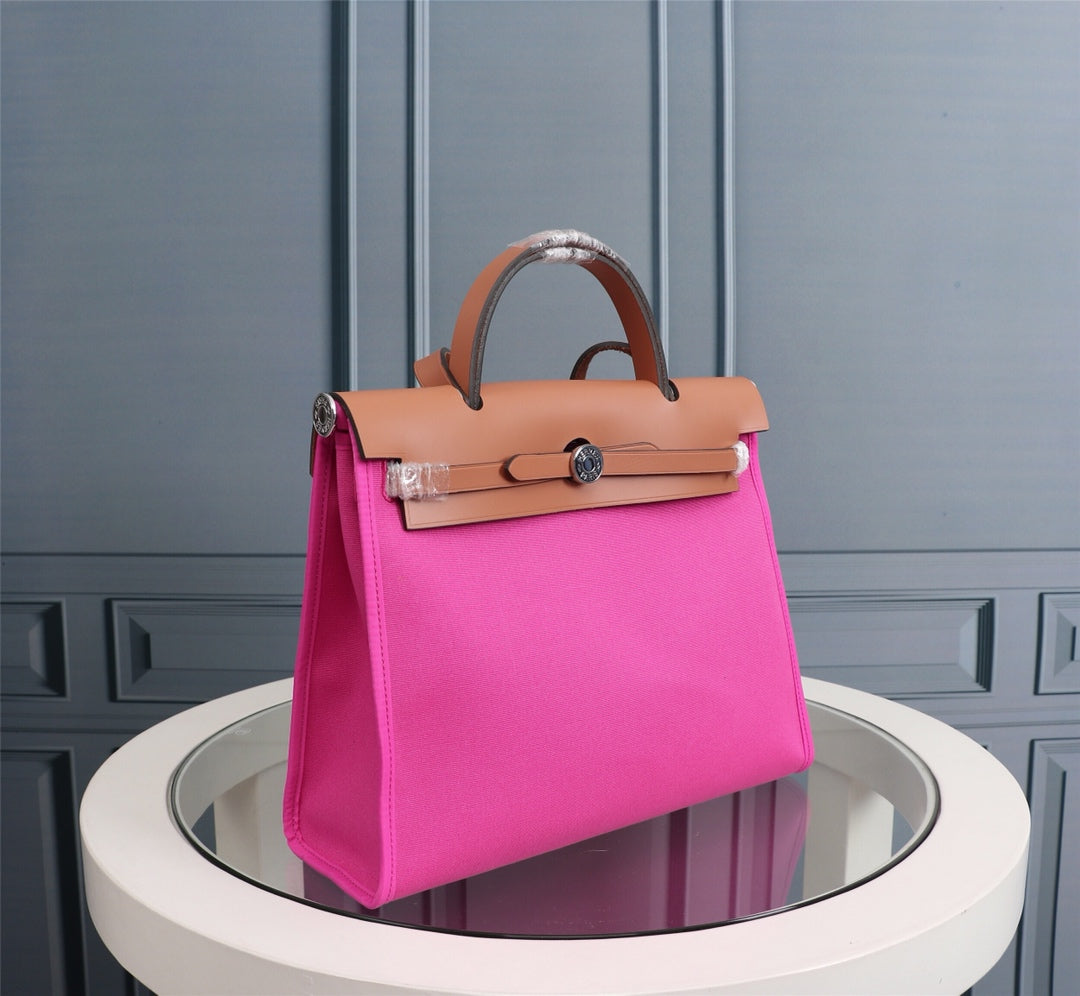 HM HERBAG ZIP 31 TOILE ROSE VIF ET CUIVRE