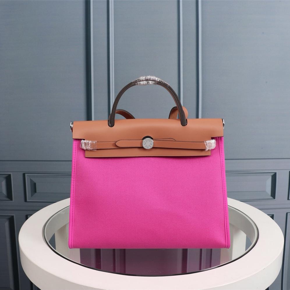 HM HERBAG ZIP 31 TOILE ROSE VIF ET CUIVRE