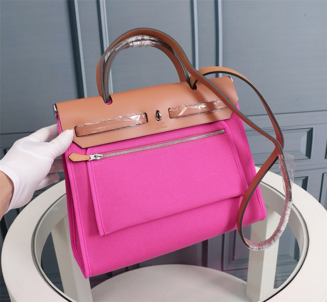 HM HERBAG ZIP 31 TOILE ROSE VIF ET CUIVRE