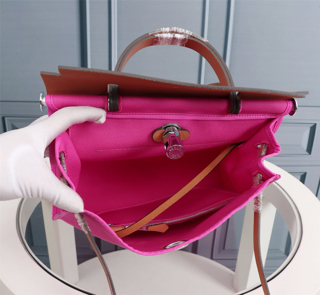 HM HERBAG ZIP 31 TOILE ROSE VIF ET CUIVRE