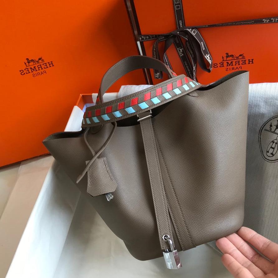 HM PICOTIN LOCK 22 TAUPE EPSOM AVEC SANGLE TRESSE