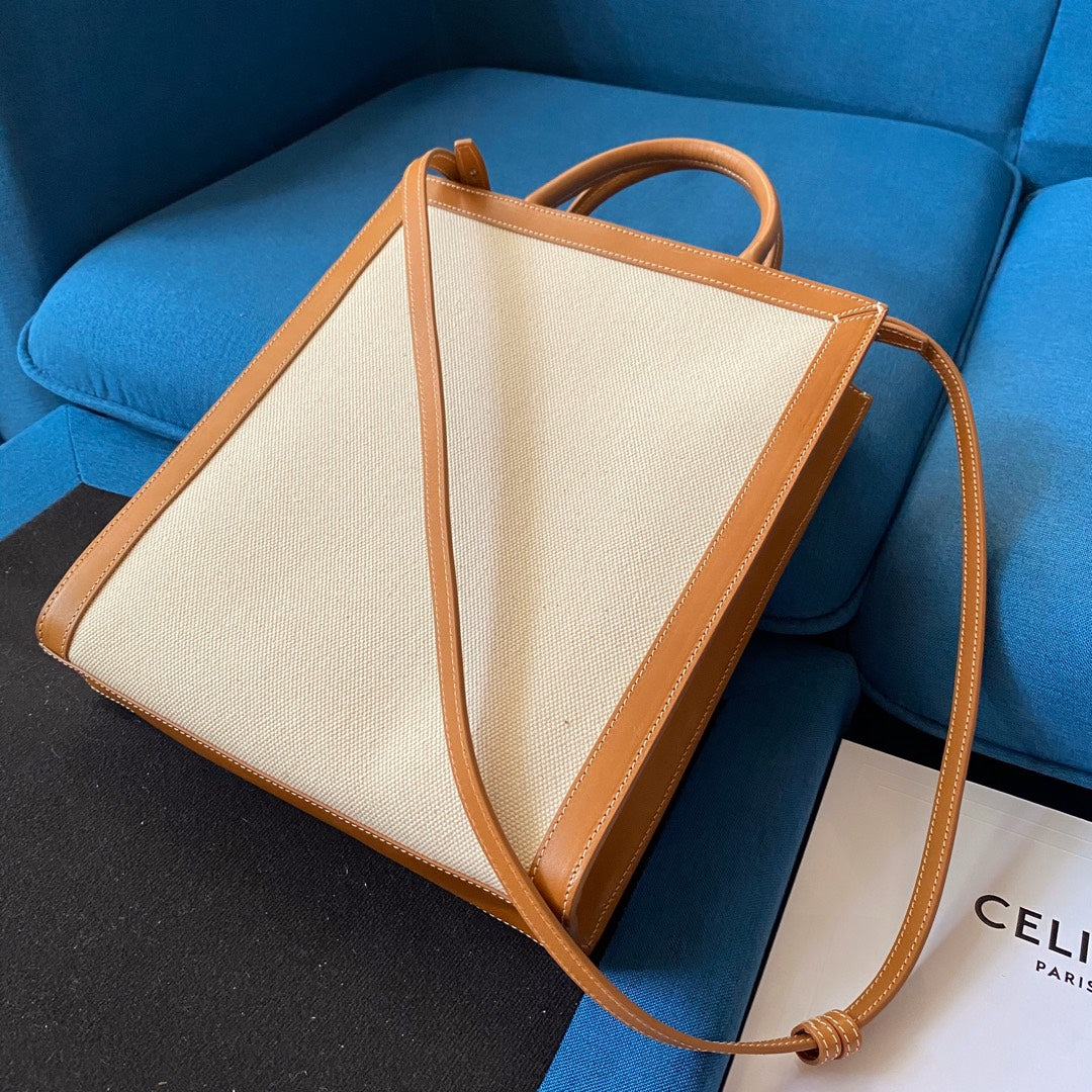 SAC CABAS VERTICAL 33 BLANC MARRON TOILE ET CUIR DE VEAU