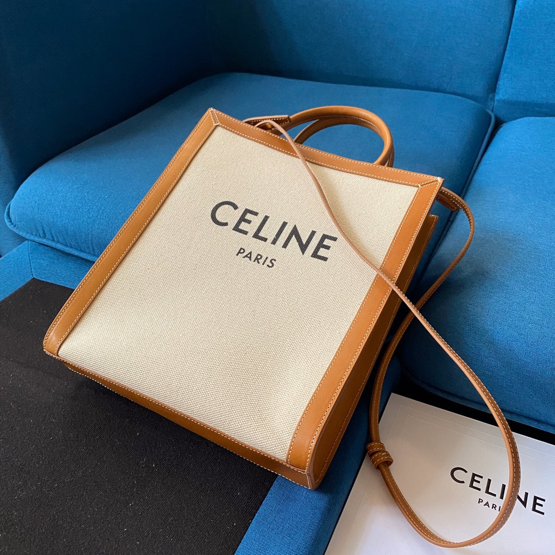 SAC CABAS VERTICAL 33 BLANC MARRON TOILE ET CUIR DE VEAU