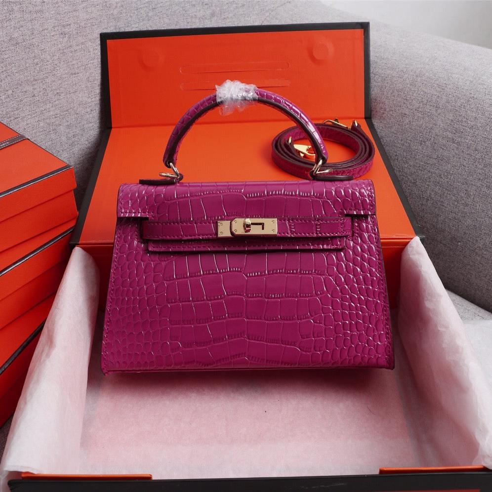 HM KELLY MINI 22 BARBIE ROSE CUIR DE VEAU EMBOSSÉ CROCODILE QUINCAILLERIE DORÉ